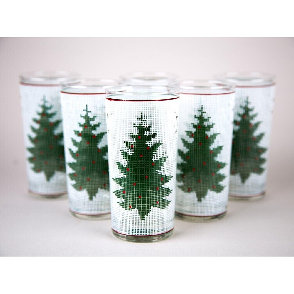 CULVER Highball Glasses Set of 10 White Green EUC Vintage Christmas Tree Stitch
